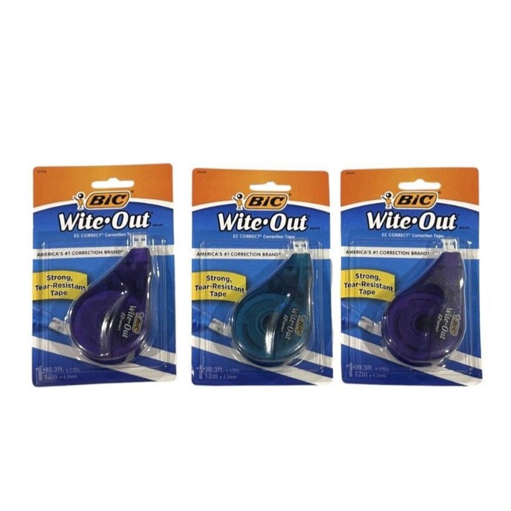 3x BIC Wite-Out EZ Correct Correction Tape 39.3ft x 1/6" Aqua and Purple